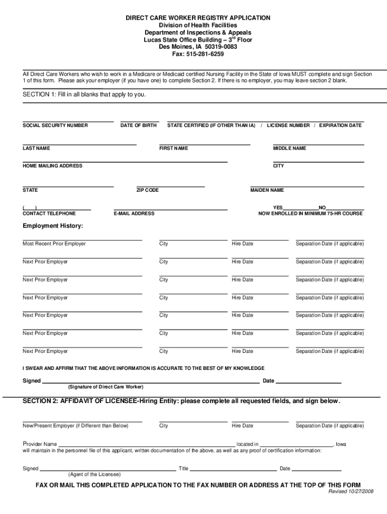 Instructions for Completing the Iowa Direct Care Worker Registry Application Form 2008